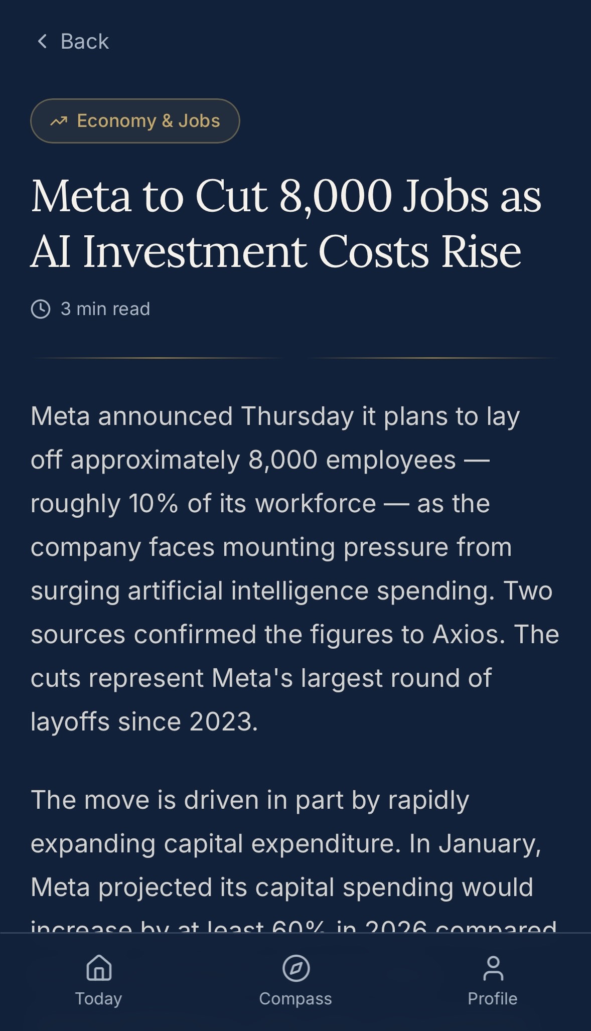 Polix Briefing screen showing an article