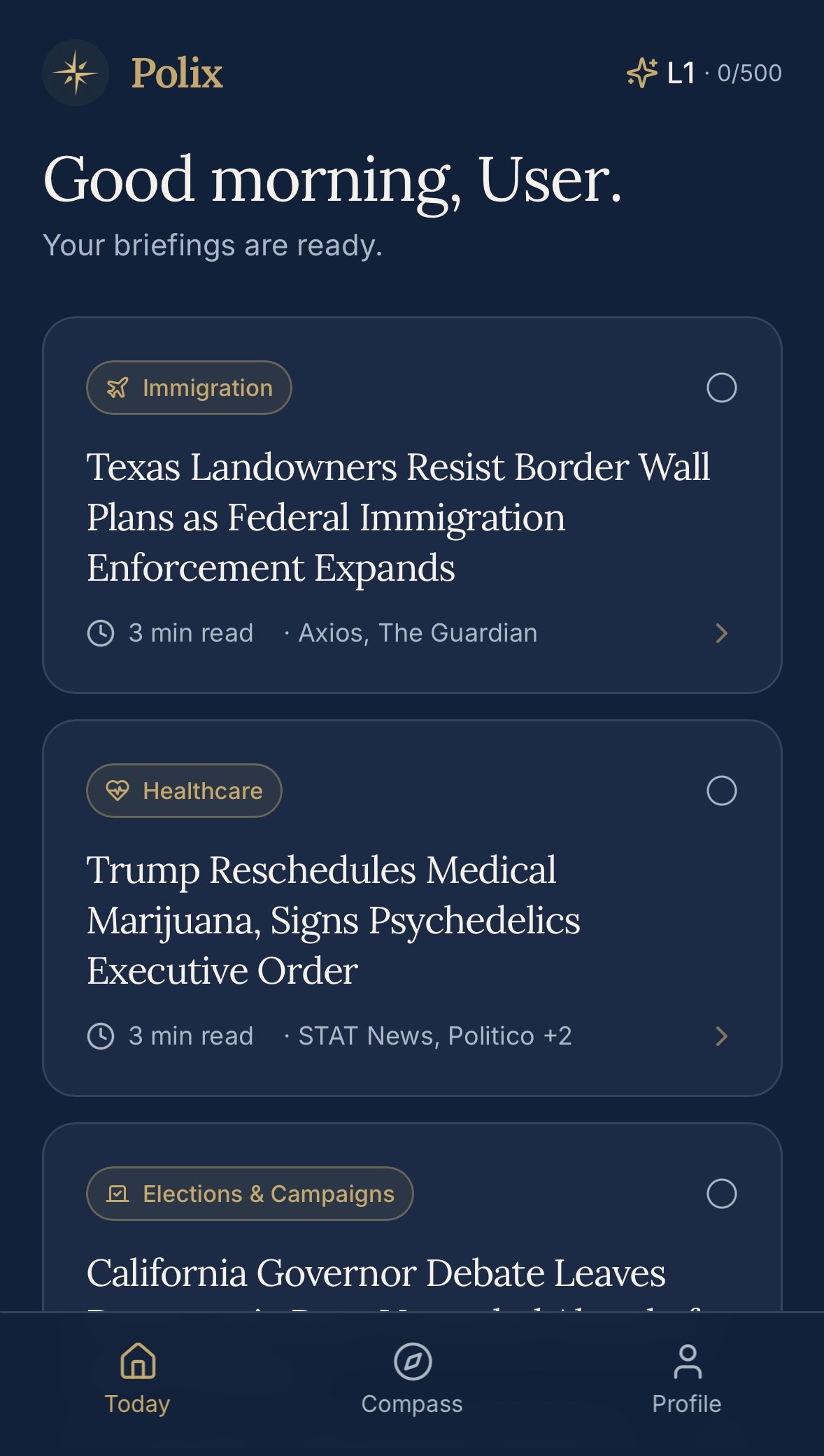 Polix Today screen showing daily briefings